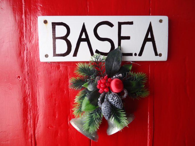 Christmas wreath on the front door to Bransfield House